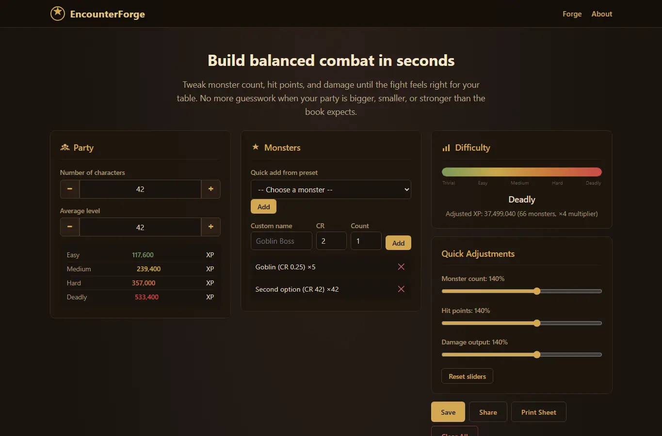 Screenshot of EncounterForge: Combat Balancer interface showing the project page in use